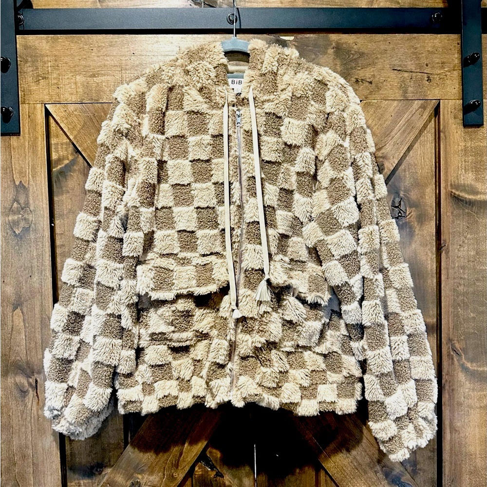 NWT BiBi Cozy Mocha Checkered Sherpa Hooded Jacket - Picture 3 of 16